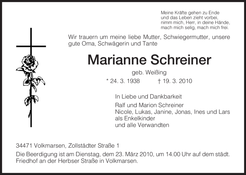  Traueranzeige für Marianne Schreiner vom 20.03.2010 aus HNA