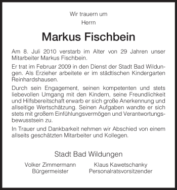 Traueranzeige von Markus Fischbein von HNA