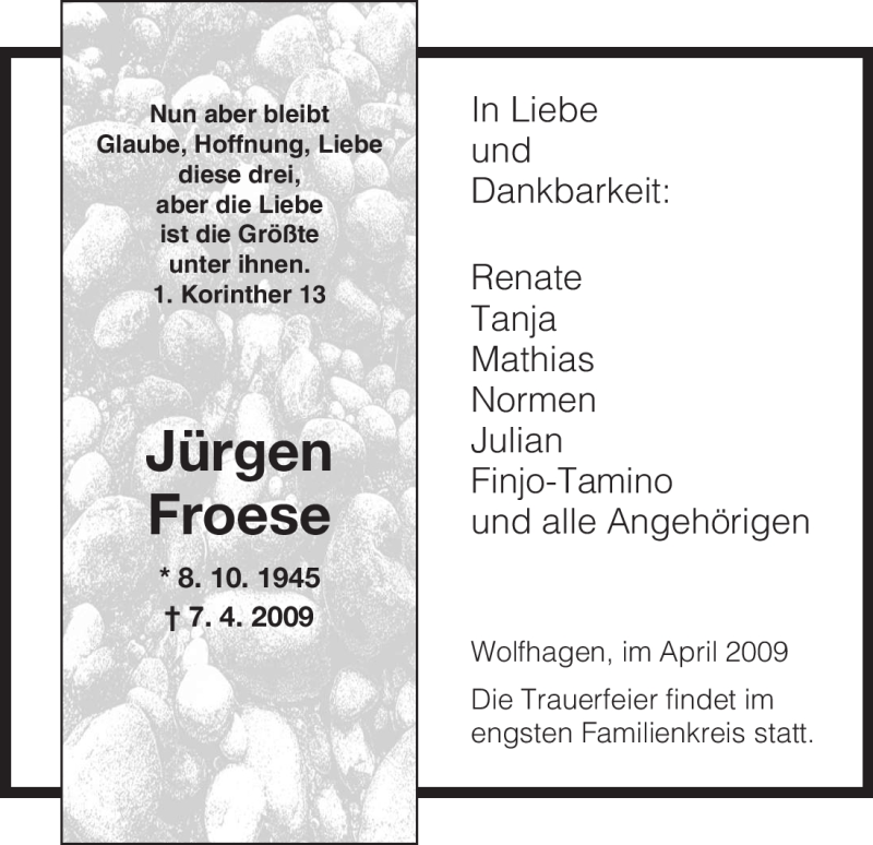  Traueranzeige für Jürgen Froese vom 11.04.2009 aus HNA