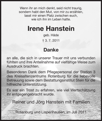 Traueranzeige von Irene Hanstein von HNA