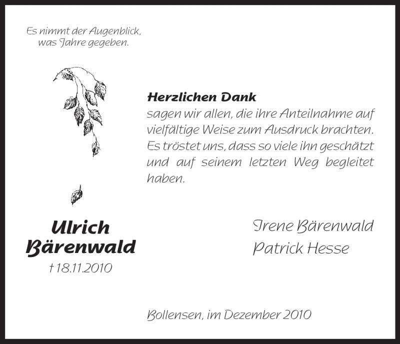  Traueranzeige für Ulrich Bärenwald vom 18.12.2010 aus HNA