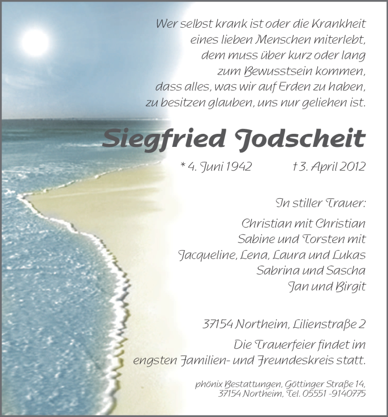  Traueranzeige für Siegfried Jodscheit vom 07.04.2012 aus HNA