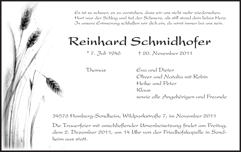  Traueranzeige für Reinhard Schmidhofer vom 26.11.2011 aus HNA