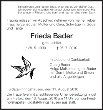 Traueranzeige von Frieda Bader von HNA