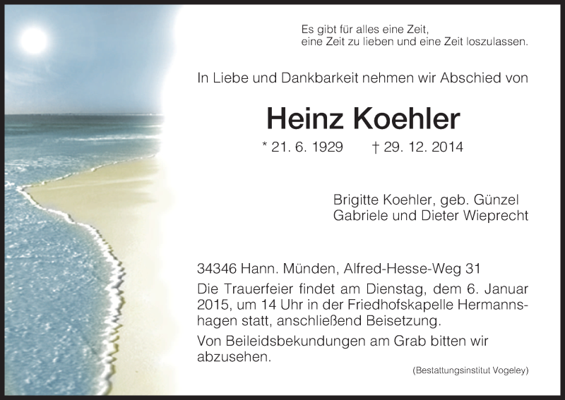  Traueranzeige für Heinz Koehler vom 03.01.2015 aus HNA