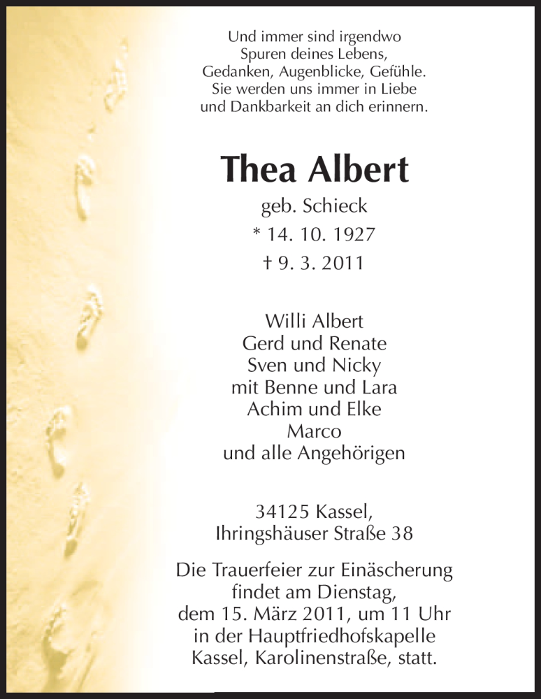  Traueranzeige für Thea Albert vom 12.03.2011 aus HNA