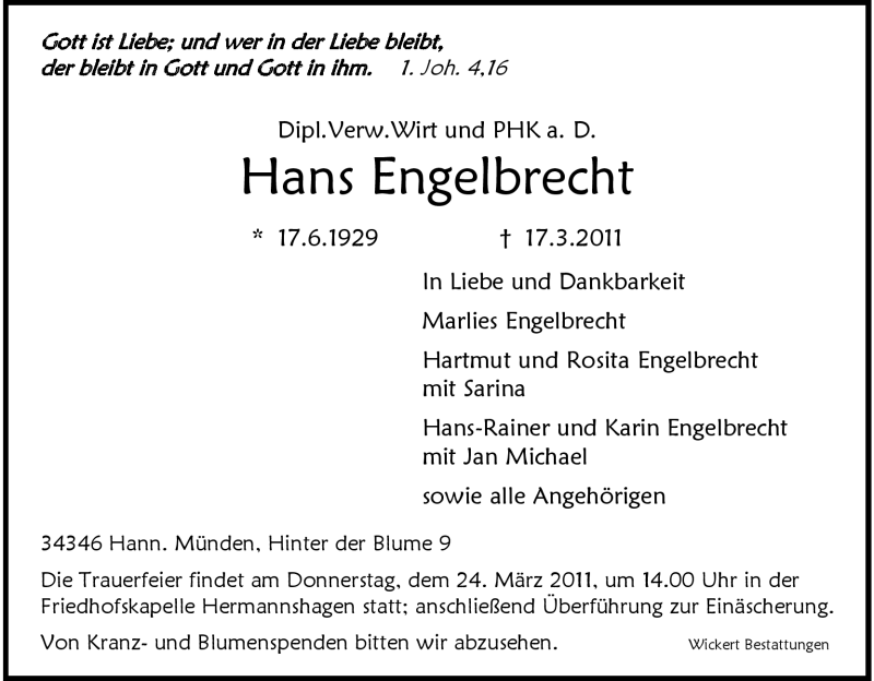  Traueranzeige für Hans Engelbrecht vom 19.03.2011 aus HNA