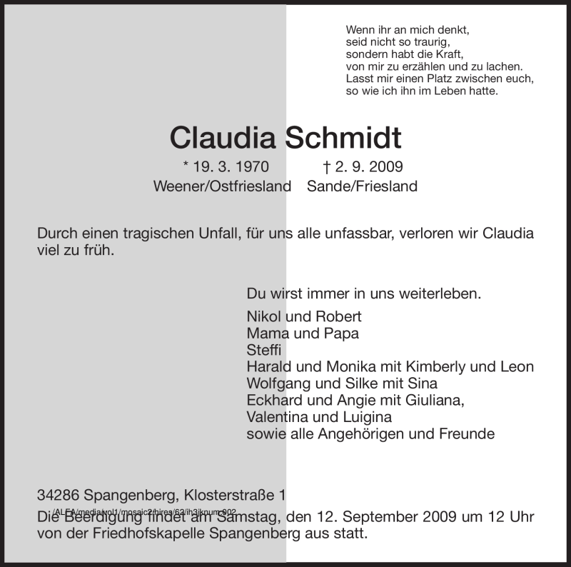  Traueranzeige für Claudia Schmidt vom 08.09.2009 aus HNA