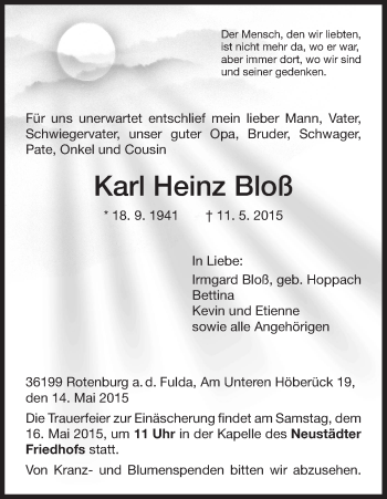 Traueranzeige von Karl Heinz Bloß von HNA