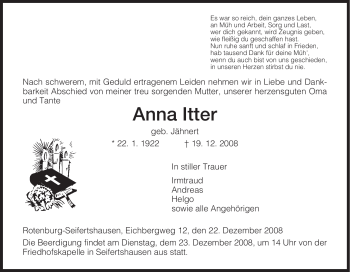 Traueranzeige von Anna Itter von HNA