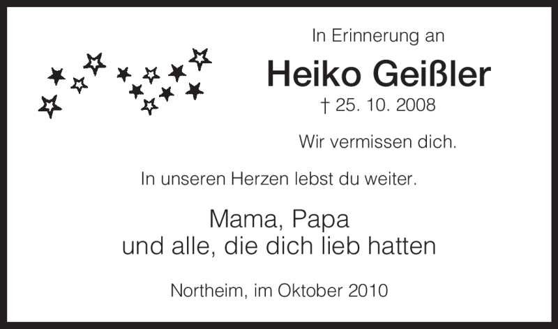  Traueranzeige für Heiko Geißler vom 25.10.2010 aus HNA