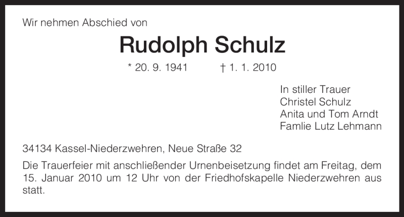 Traueranzeigen Von Rudolph Schulz | Trauer.HNA.de