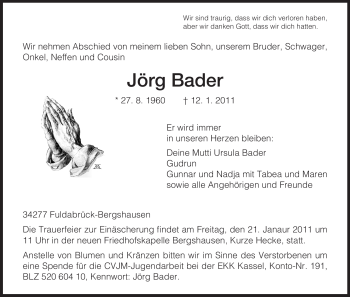 Traueranzeige von Jörg Bader von HNA