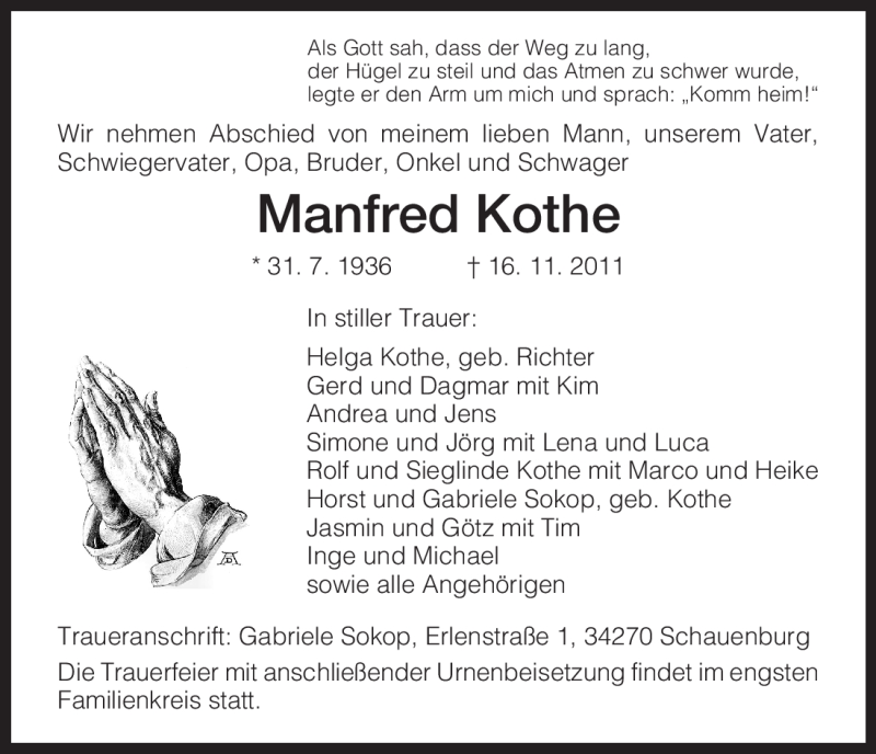  Traueranzeige für Manfred Kothe vom 26.11.2011 aus HNA