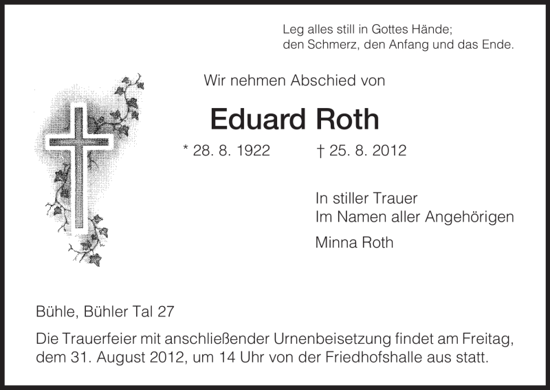  Traueranzeige für Eduard Roth vom 27.08.2012 aus HNA