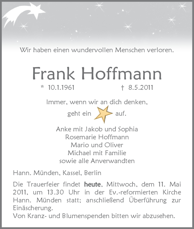  Traueranzeige für Frank Hoffmann vom 11.05.2011 aus HNA
