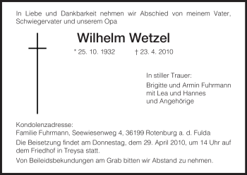 Traueranzeige von Wilhelm Wetzel von HNA