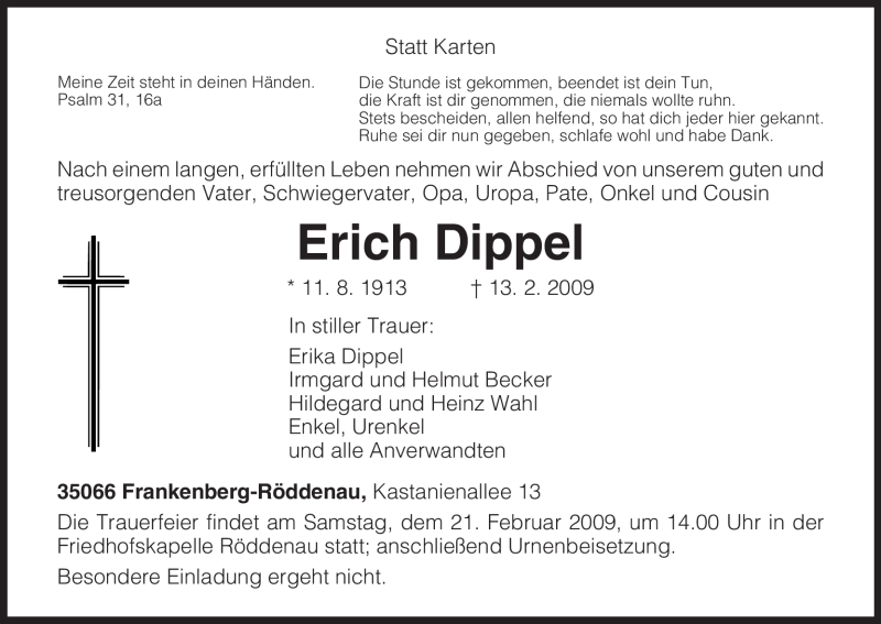  Traueranzeige für Erich Dippel vom 19.02.2009 aus HNA