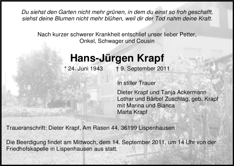  Traueranzeige für Hans-Jürgen Krapf vom 12.09.2011 aus HNA