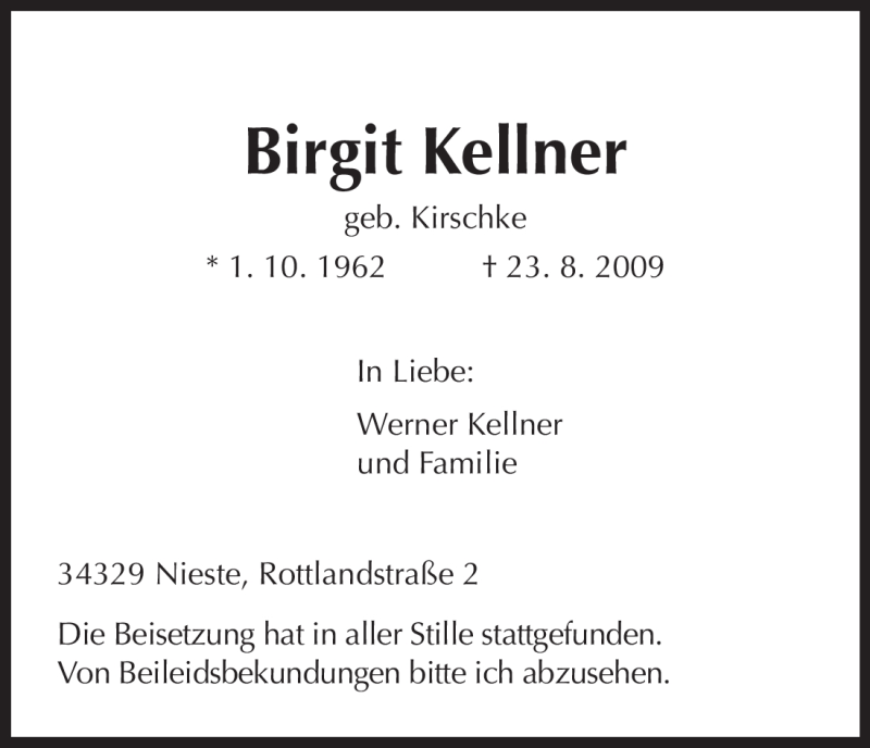  Traueranzeige für Birgit Kellner vom 08.09.2009 aus HNA