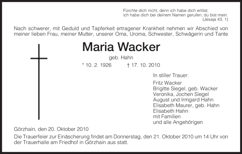 Traueranzeigen Von Maria Wacker | Trauer.HNA.de