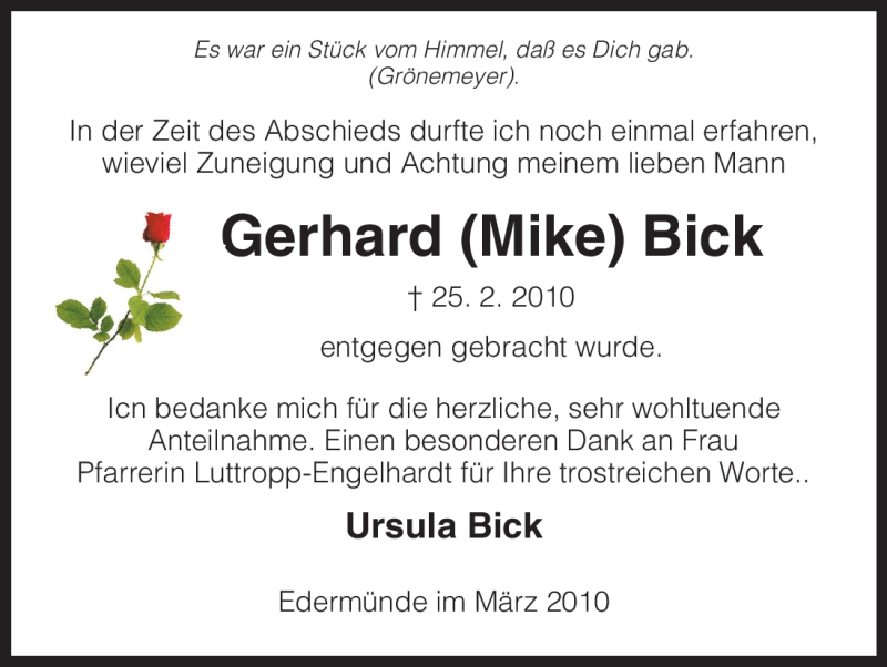  Traueranzeige für Gerhard Bick vom 13.03.2010 aus HNA