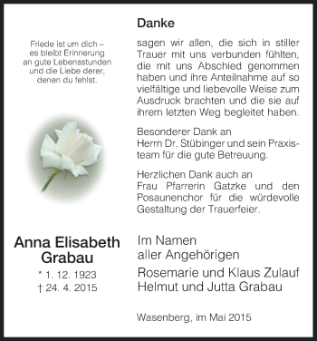 Traueranzeige von Anna Elisabeth Grabau von HNA