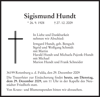 Traueranzeige von Sigismund Hundt von HNA