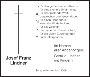 Traueranzeige von Josef Franz Lindner von HNA