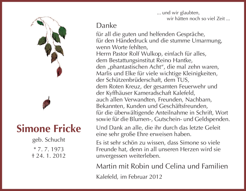  Traueranzeige für Simone Fricke vom 16.02.2012 aus HNA