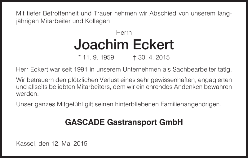 Traueranzeige für Joachim Eckert vom 12.05.2015 aus HNA