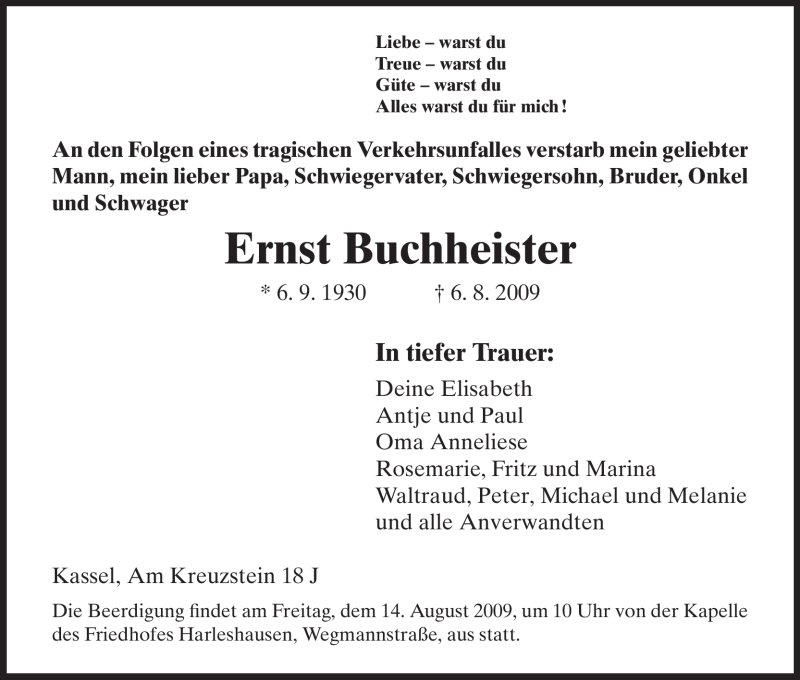  Traueranzeige für Ernst Buchheister vom 12.08.2009 aus HNA