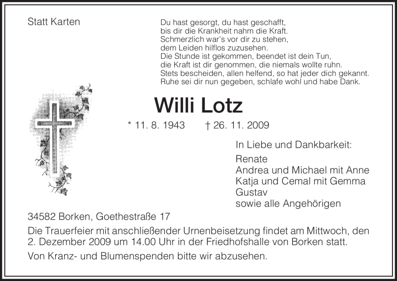  Traueranzeige für Willi Lotz vom 28.11.2009 aus HNA