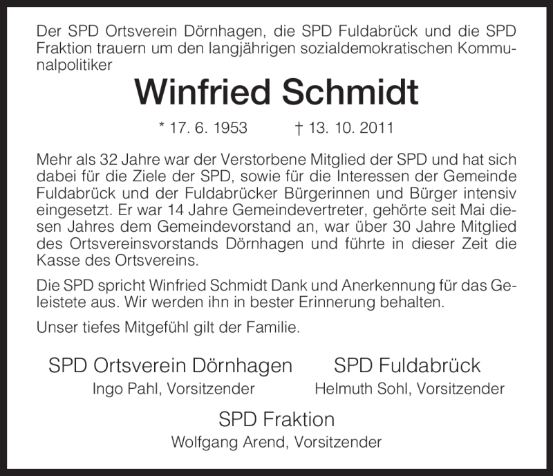  Traueranzeige für Winfried Schmidt vom 22.10.2011 aus HNA