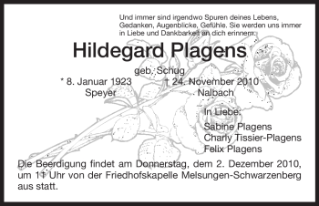 Traueranzeige von Hildegard Plagens von HNA