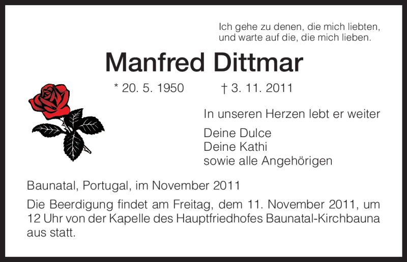  Traueranzeige für Manfred Dittmar vom 09.11.2011 aus HNA