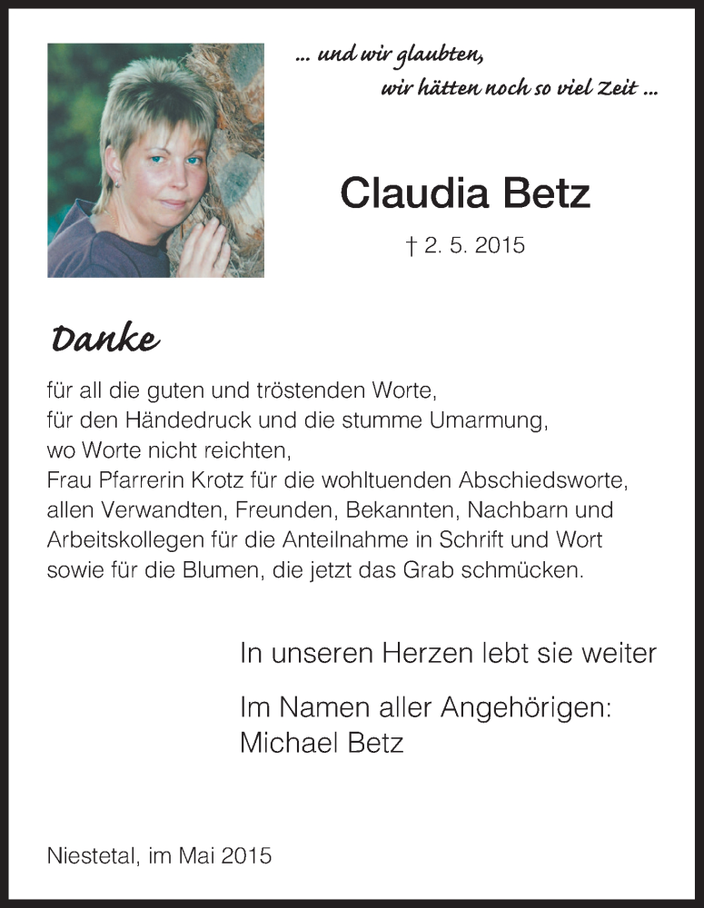 Traueranzeige für Claudia Betz vom 23.05.2015 aus HNA