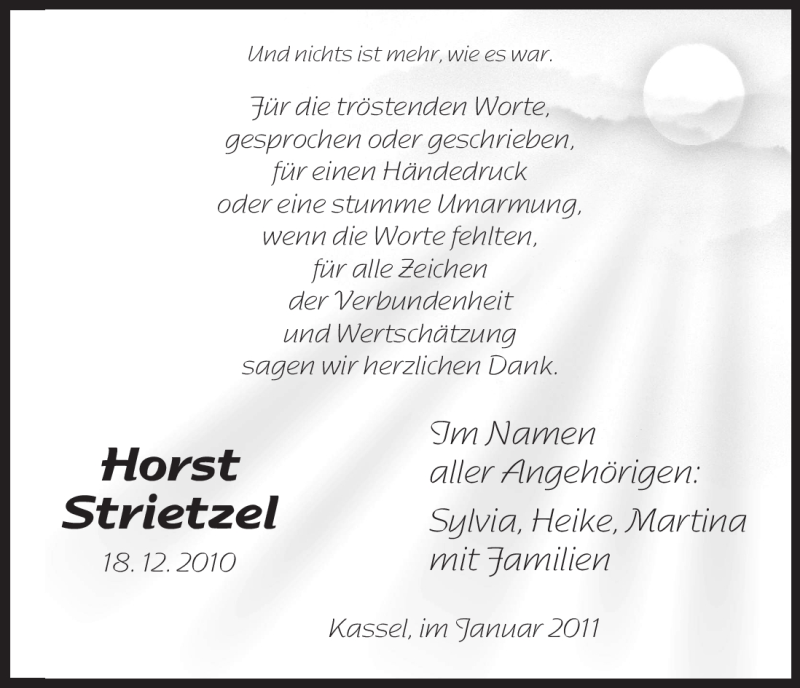  Traueranzeige für Horst Strietzel vom 08.01.2011 aus HNA