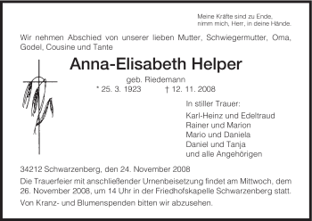 Traueranzeige von Anna-Elisabeth Helper von HNA