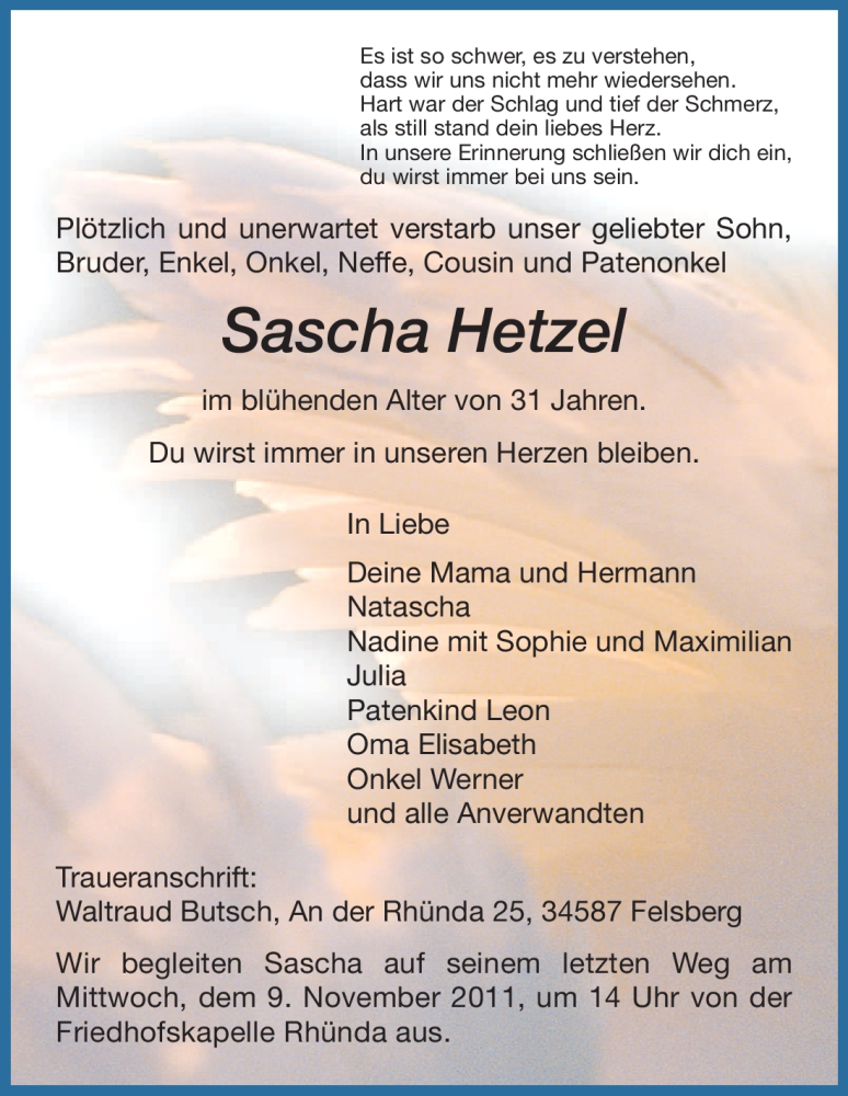  Traueranzeige für Sascha Hetzel vom 07.11.2011 aus HNA