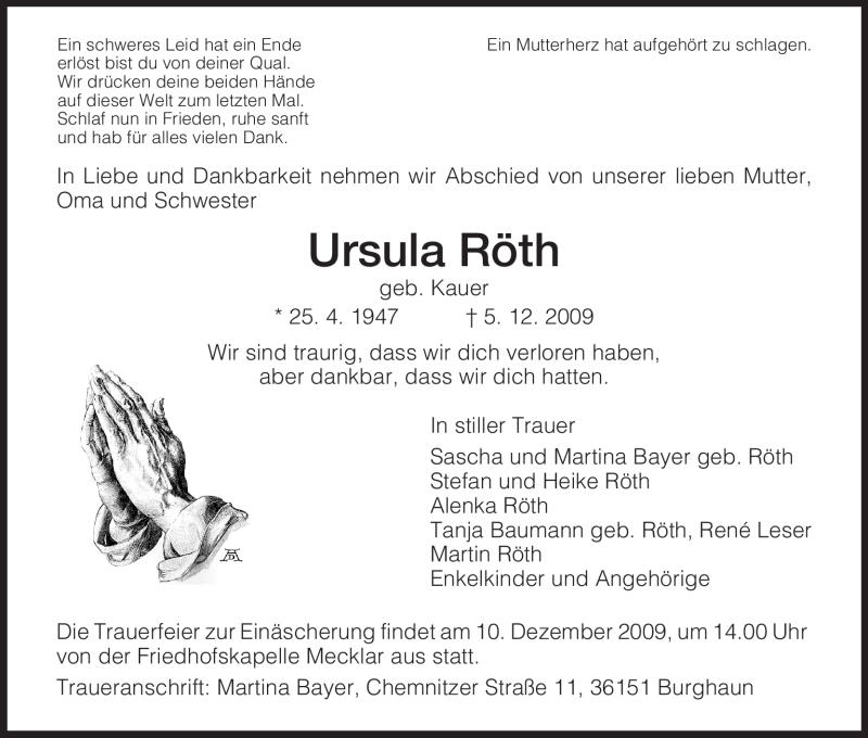  Traueranzeige für Ursula Röth vom 08.12.2009 aus HNA