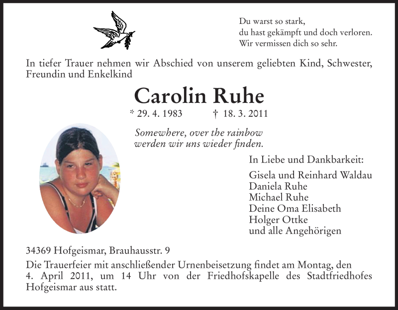  Traueranzeige für Carolin Ruhe vom 01.04.2011 aus HNA
