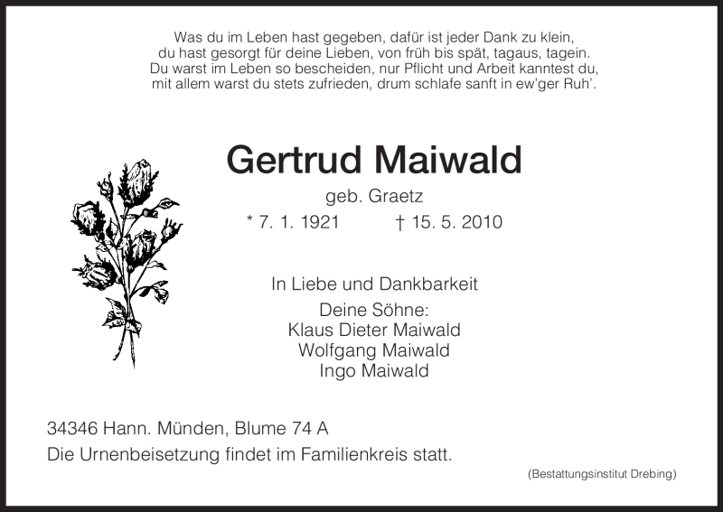  Traueranzeige für Gertrud Maiwald vom 05.06.2010 aus HNA