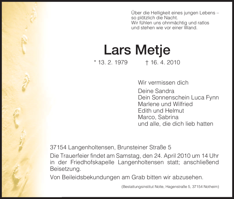  Traueranzeige für Lars Metje vom 22.04.2010 aus HNA