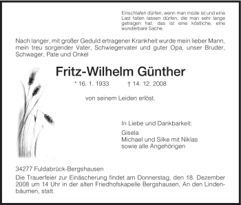 Traueranzeige von Fritz-Wilhelm Günther von HNA