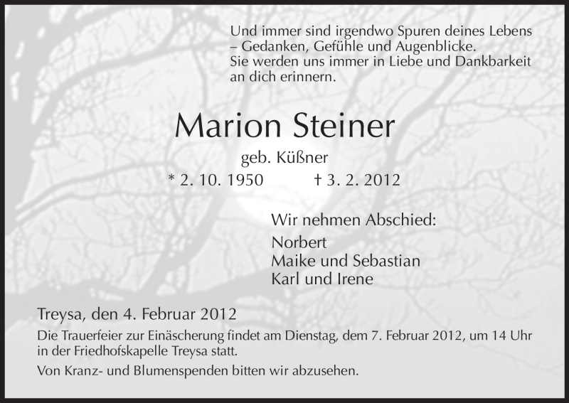  Traueranzeige für Marion Steiner vom 04.02.2012 aus HNA