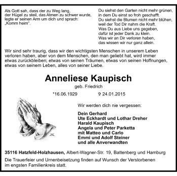 Traueranzeige von Anneliese Kaupisch von HNA