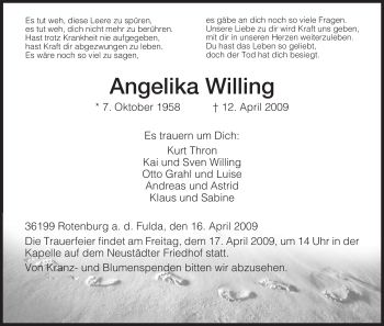 Traueranzeige von Angelika Willing von HNA
