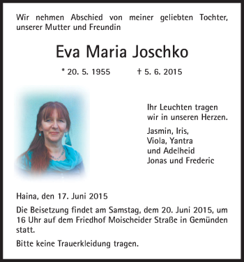 Traueranzeige von Eva Maria Joschko von HNA