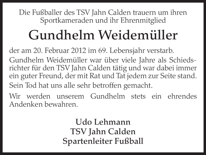  Traueranzeige für Gundhelm Weidemüller vom 29.02.2012 aus HNA